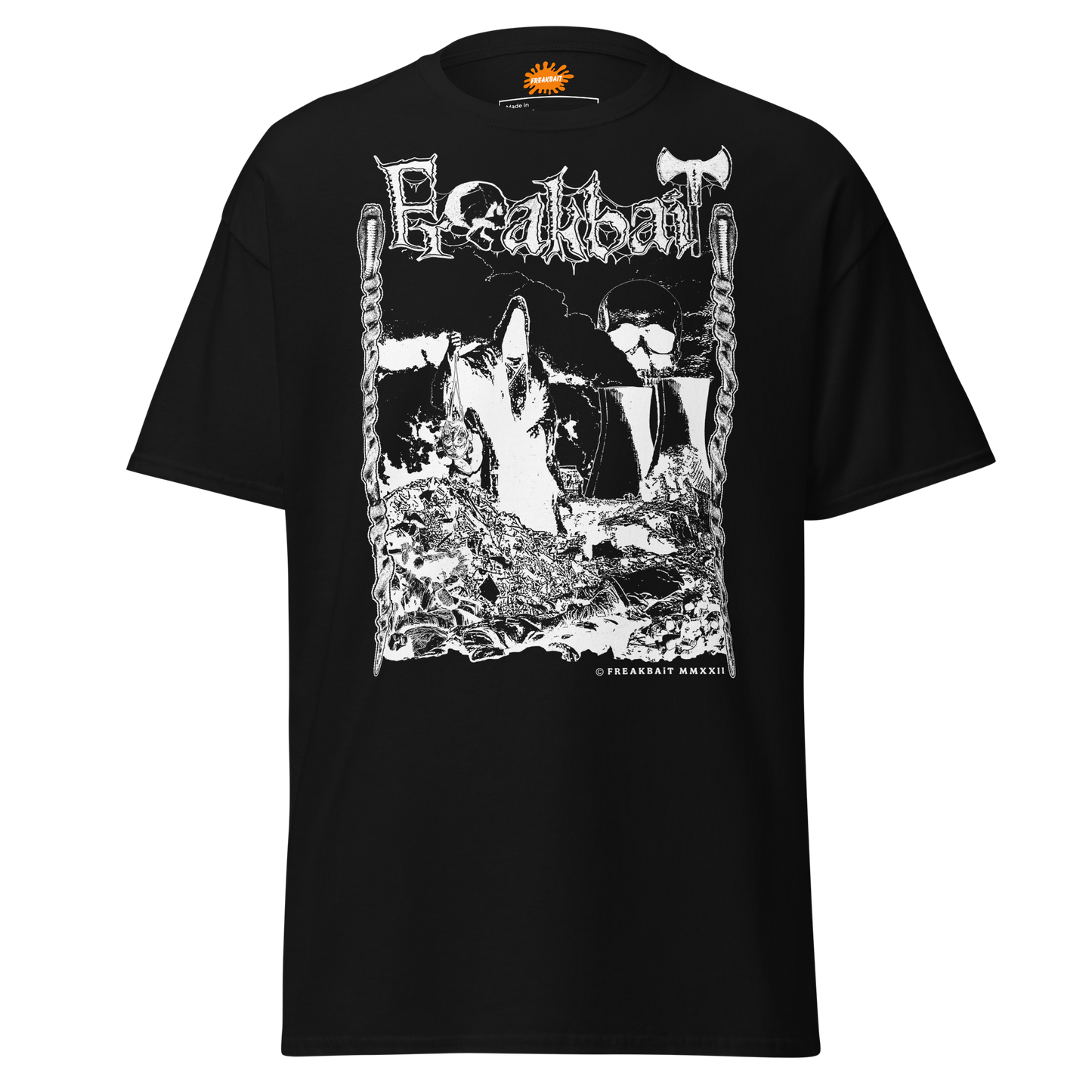 Black crew neck t-shirt with a graphic print of a skull and industrial imagery on the front.